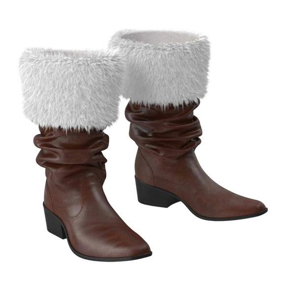 Christmas Santa Claus Boots Men's Wide Calf Santa Combat Boots with White Plush Foot Bells Buckle Strap for Halloween Christmas