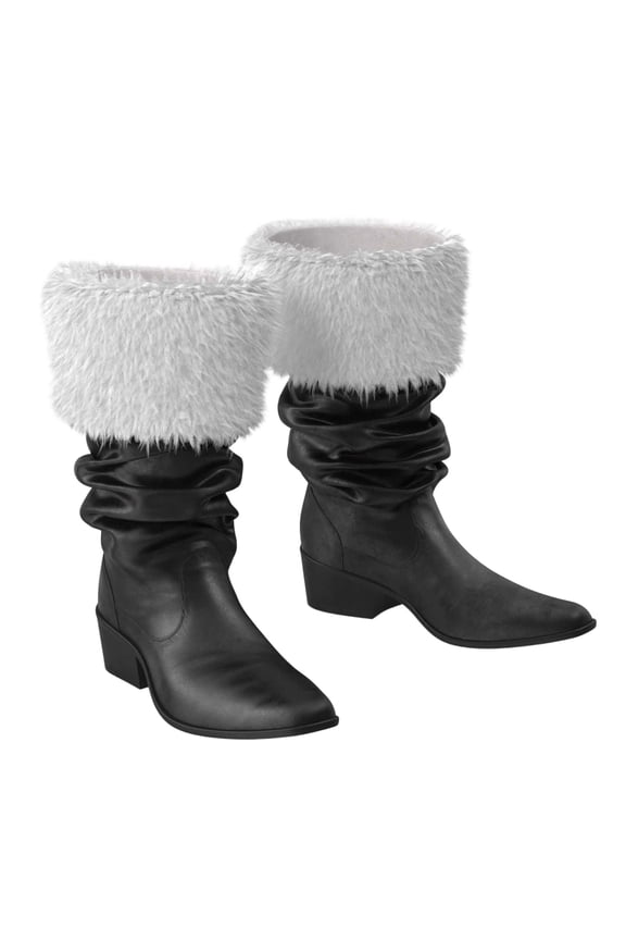 Christmas Santa Claus Boots Men's Wide Calf Santa Combat Boots with White Plush Foot Bells Buckle Strap for Halloween Christmas