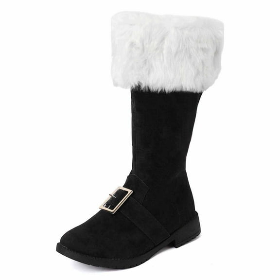 Christmas Santa Claus Boots Men's Wide Calf Santa Combat Boots with White Plush Foot Bells Buckle Strap for Halloween Christmas