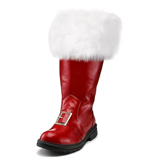Christmas Santa Claus Boots Men's Wide Calf Santa Combat Boots with White Plush Foot Bells Buckle Strap for Halloween Christmas
