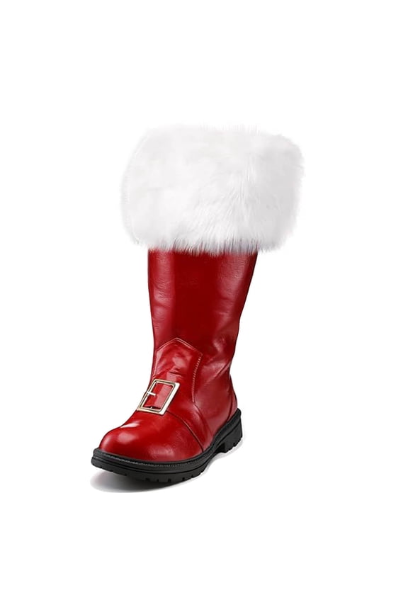 Christmas Santa Claus Boots Men's Wide Calf Santa Combat Boots with White Plush Foot Bells Buckle Strap for Halloween Christmas