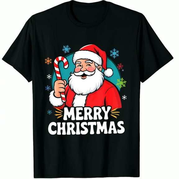 Christmas Santa Claus Candy Cane Snowflakes Merry Print Black Graphic T-Shirt for Men and Women