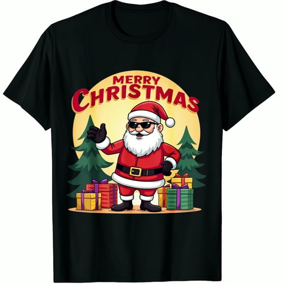 Christmas Santa Claus Cartoon Print Gift Box Pattern Men Women Holiday Party Casual Wear Black Cute Graphic T-Shirt for and