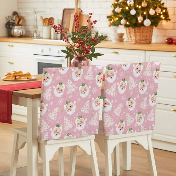 Christmas Santa Claus Chair Covers Set of 1 Christmas Tree Winter Snowflakes Pink Chair Back Covers Stretch Removable Washable Slipcovers Protector for Dining Room Kitchen Party Decor