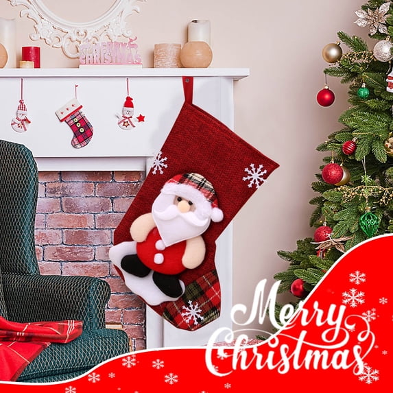 Christmas Santa Claus Cloth Stocking Gift Bag – Medium 38cm (15in) Burlap-Style Stocking with Santa Embroidery – Candy Gift Bag Decor