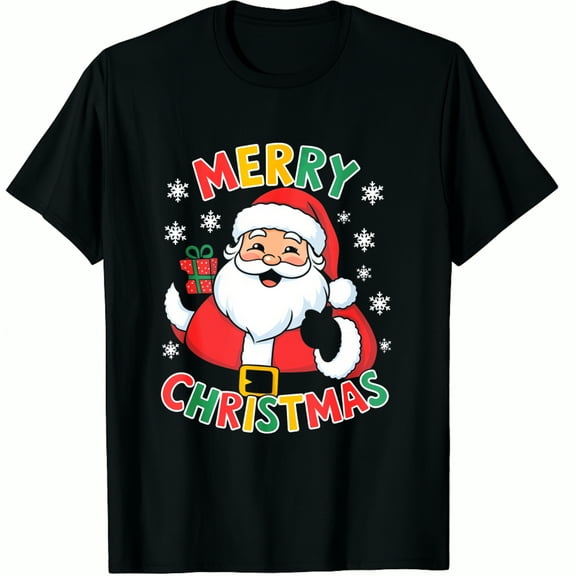 Christmas Santa Claus Costume Merry Snowflake Gift Print Holiday Party Wear Black Graphic T-Shirt for Men and Women