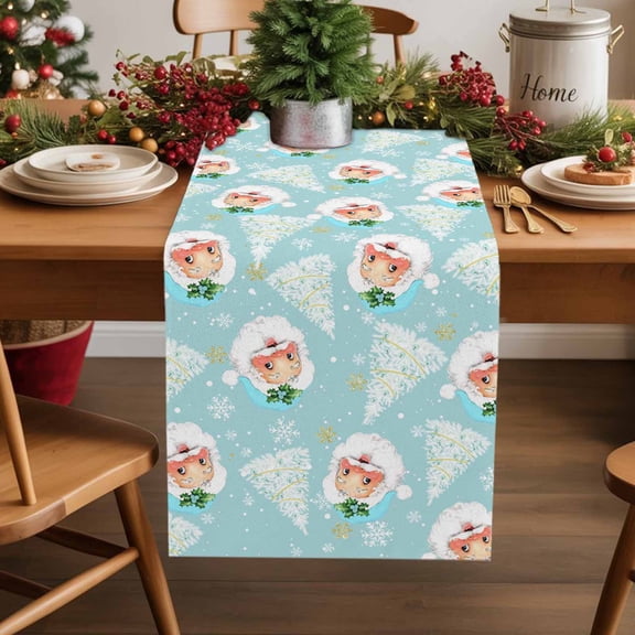 Christmas Santa Claus Cotton Linen Table Runner Christmas Tree Snowflakes Light Blue Dining Table Runners for Home Decor Party Dining Room Restaurant Kitchen Party 13" x 36"