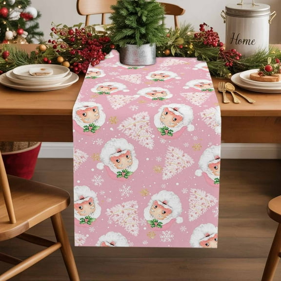 Christmas Santa Claus Cotton Linen Table Runner Christmas Tree Winter Snowflakes Pink Dining Table Runners for Home Decor Party Dining Room Restaurant Kitchen Party 13" x 36"
