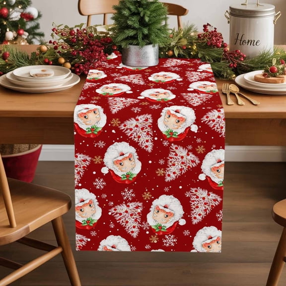 Christmas Santa Claus Cotton Linen Table Runner Christmas Tree Winter Snowflakes Red Dining Table Runners for Home Decor Party Dining Room Restaurant Kitchen Party 13" x 48"