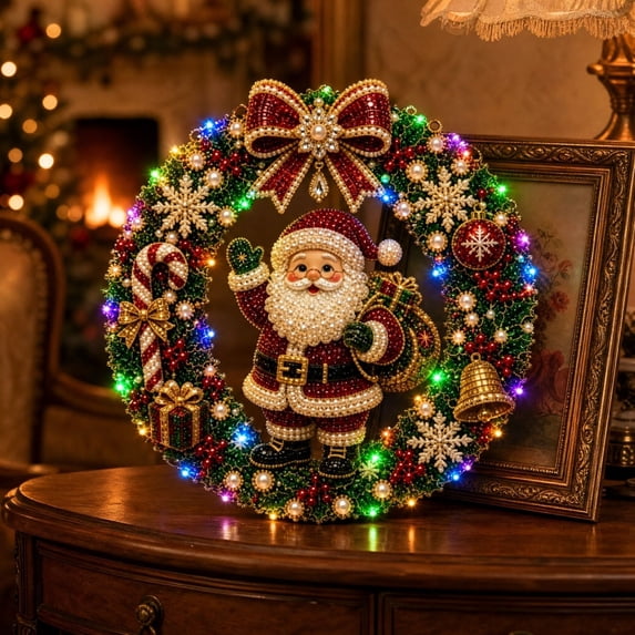 Christmas Santa Claus DIY Pearl Light Wreath Kit with LED String Lights 9.4in