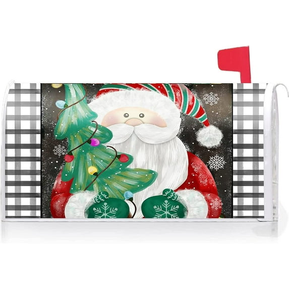 Christmas Santa Claus Decoration Mailbox Cover with Magnetic Strip Winter Christmas Tree Mailbox Wraps Post Letter Box Cover Standard Size 21" X 18" for Garden Outdoor Yard Decor