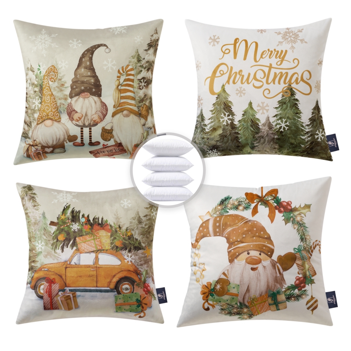 Christmas Santa Claus Decorative Pillows, Velvet Printed Christmas Tree and Car, 18" x 18", Beige, Set of 4