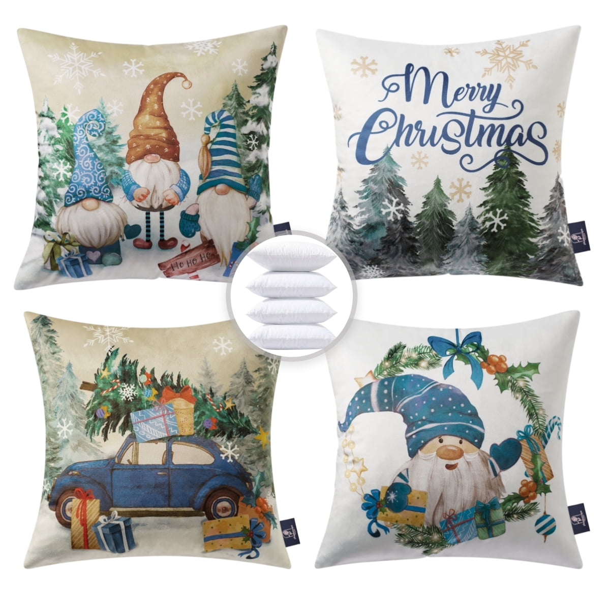 Christmas Santa Claus Decorative Pillows, Velvet Printed Christmas Tree and Car, 18" x 18", Blue, Set of 4
