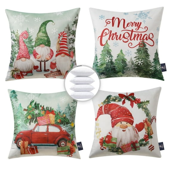 Christmas Santa Claus Decorative Pillows, Velvet Printed Christmas Tree and Car, 18" x 18", Red, Set of 4