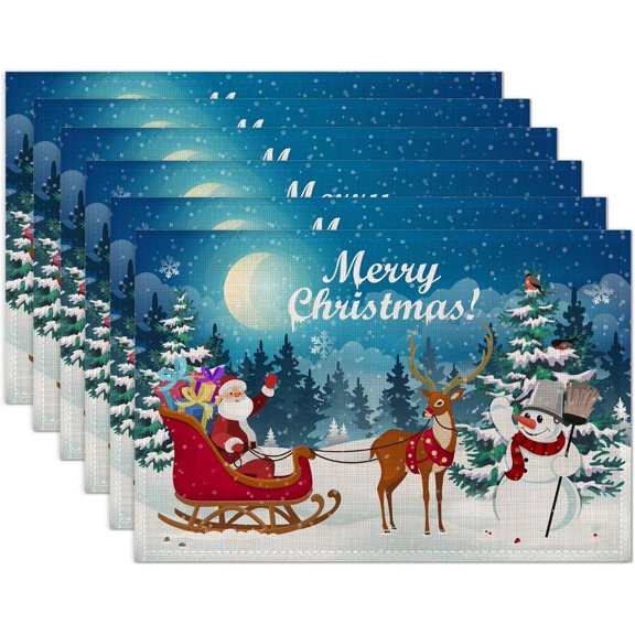 Christmas Santa Claus Deer and Snowman Placemats Set of 6 Washable Table Mats for Kitchen Dining Table,Heat-Resistant Place Mats for Indoor Outdoor Party Holiday Decoration