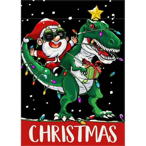 Christmas Santa Claus Dinosaur Decorative Garden Flag, Xmas Green Dino Yard Outside Decorations, Funny Winter Holiday Burlap Outdoor Small Home Decor Double Sided 12 x 18