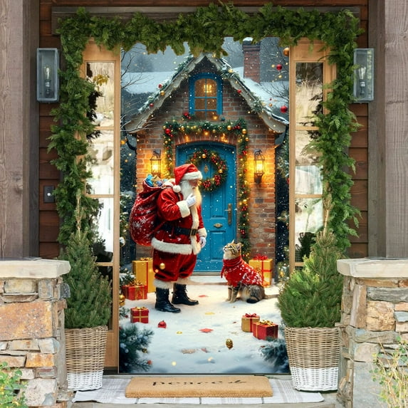 Christmas Santa Claus Door Cover Polyester Holiday Decor for Indoor Outdoor - Festival Party Home Decoration Door Frame Decorations(F2)