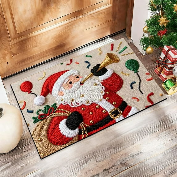 Christmas Santa Claus Door Mat,Christmas Festive Poinsettia Candy Cane Christmas Red Non-Slip Backing Doormat Throw Rug Edge Binding Laundry Room Bathroom Doorway Entryway Decor 16"*24" C