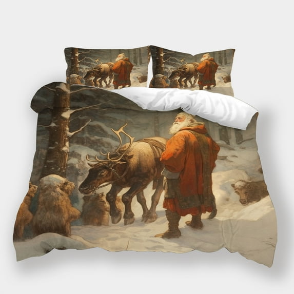 Christmas Santa Claus Elk Printed Duvet Cover with Pillowcase Teen Adult Festival Vintage Home Bedding Suit