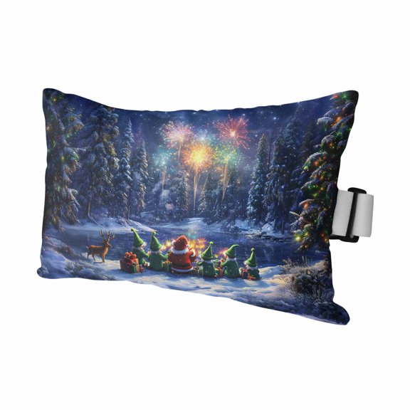 Christmas Santa Claus Elves Watching Fireworks Outdoor Pillow for Chaise Lounge Chair,Winter Snowflakes Waterproof Headrest Lumbar Pillows with Insert&Elastic Strap for Patio Pool,1 Pack