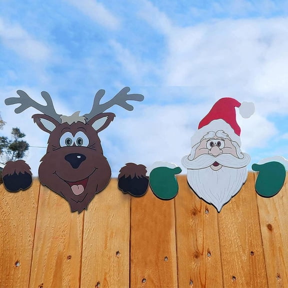Christmas Santa Claus Fence Peeker Decoration, Reindeer Peeking Garden Yard Art Xmas Home Patio DIY Holiday Decor Outdoor Cute Garden Fence Sign Ornament