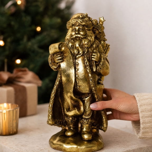 Christmas Santa Claus Figurine, 10-Inch Gold 3D Printed Santa Statue, Holiday Tabletop Decoration for Mantel, Shelf, Desk and Home Decor