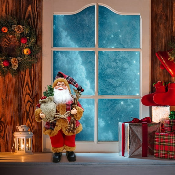 Christmas Santa Claus Figurine for Decor, 12-Inch Small Santa with Teddy Bear, and Home Window Christmas Decorations, Buffalo Plaid Red
