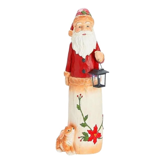 Christmas Santa Claus Figurine with Lantern and Rabbit, Hand-Painted Holiday Tabletop Decoration, 12 Inch Resin Statue for Home Decor