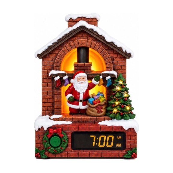 Christmas Santa Claus Fireplace Digital Alarm Clock with Light, Illuminated Holiday Table Clock with Tree & Stockings, Xmas Home Decor Gift