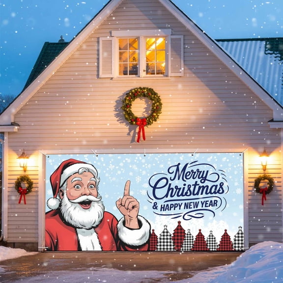 Christmas Santa Claus Garage Door Banner Covers, Happy New Year Winter Snowing Blue Large Hanging Indoor/Outdoor Backdrop Background for Christmas Winter Party Decor, 6x13 FT