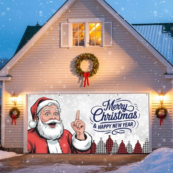 Christmas Santa Claus Garage Door Banner Covers, Happy New Year Winter Snowing Grey Large Hanging Indoor/Outdoor Backdrop Background for Christmas Winter Party Decor, 6x13 FT