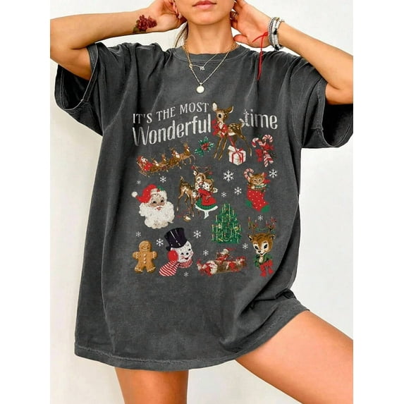 Christmas Santa Claus Graphic Round Neck Women T-Shirt Washed pure cotton short sleeved top