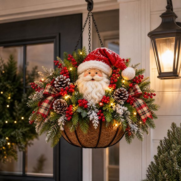 Christmas Santa Claus Hanging Basket - Festive Porch and Door Display, Pre Lit Front Door Accent, Berries and Snowy Pine Sprigs