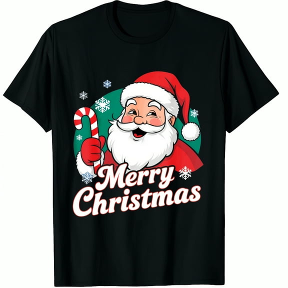 Christmas Santa Claus Hat Beard Candy Cane Merry Print Holiday Party Gift Wear Black Graphic T-Shirt for Men and Women