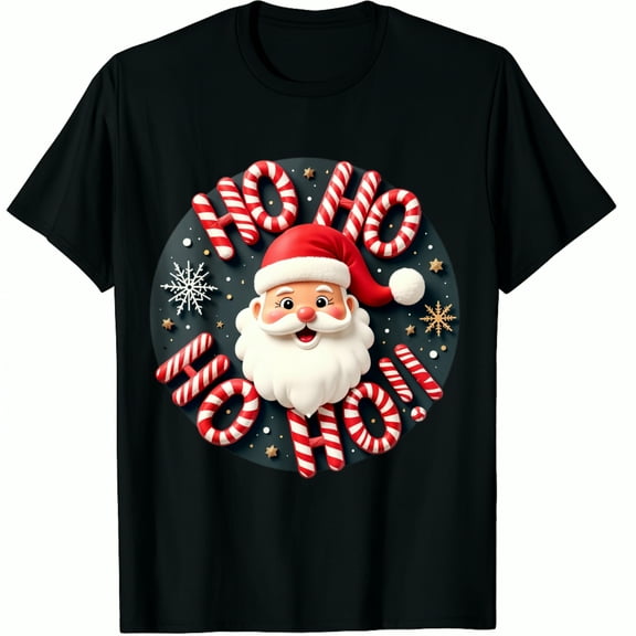 Christmas Santa Claus Hat Candy Cane Ho Snowflake Pattern Holiday Party Decoration Black Graphic T-Shirt for Men and Women