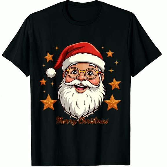 Christmas Santa Claus Hat Snowflake Stars Merry Print Holiday Party Costume Accessory Black Graphic T-Shirt for Men and Women