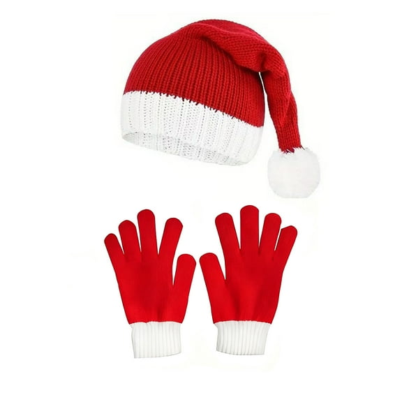Christmas Santa Claus Hat with Gloves,Unisex Classic Holiday Christmas Hat Headwear Outfit,Red Knitted Beanie Xmas Hats