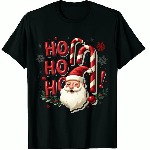 Christmas Santa Claus Ho Candy Cane Snowflake Print Holiday Party Wear Black Graphic T-Shirt for Men and Women