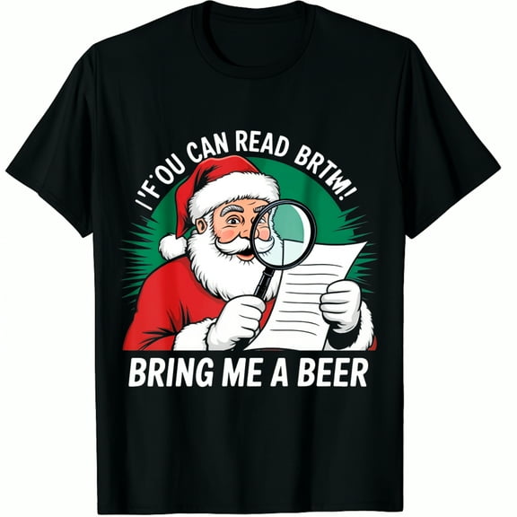 Christmas Santa Claus Holding Magnifying Glass Reading List If You Can Read BRTM Bring Me A Beer Print Funny Holiday Gift Black Graphic T-Shirt for Men and Women