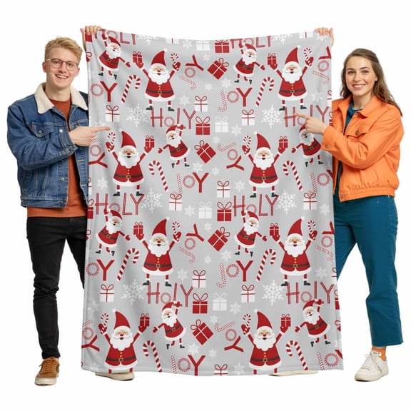 Christmas Santa Claus Holy Joy Throw Blanket Flannel Fleece Throws, Red Gray Lightweight Super Soft Warm Blankets for Couch Sofa Bed All Season Use, 50x60 in