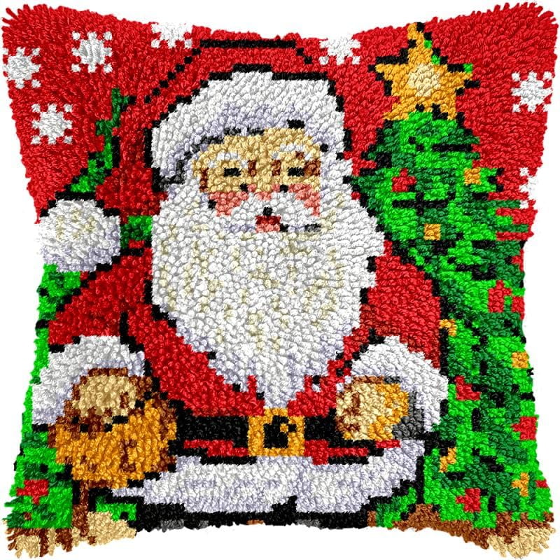 Christmas Santa Claus Latch Hook Pillow Kits Cushion Pillowcase with Pattern Printed Canvas Sofa Hooking Pillows Crafts Embroidery Latch Hooking Crochet Kits 17x17 inch(126)