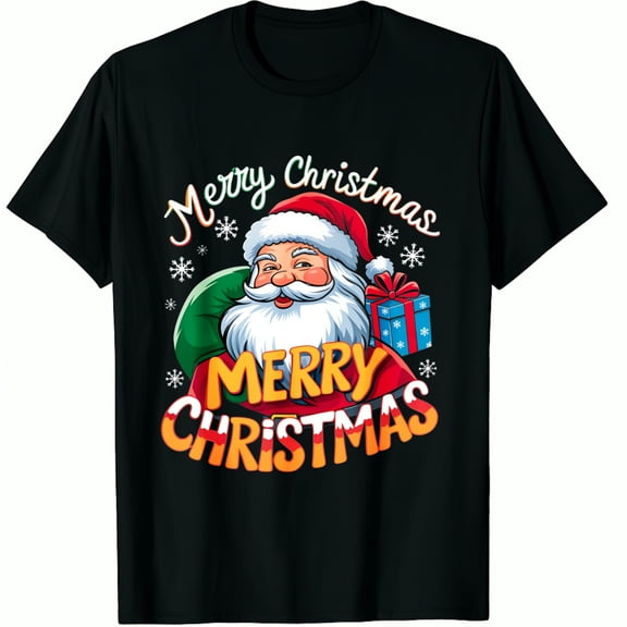 Christmas Santa Claus Merry Print Black Graphic T-Shirt for Men and Women