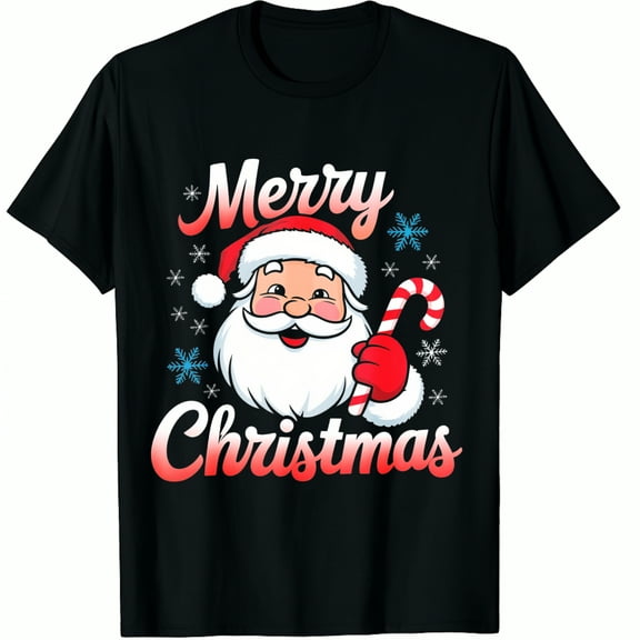 Christmas Santa Claus Merry Snowflake Candy Cane Print Holiday Party Gift Black Graphic T-Shirt for Men and Women