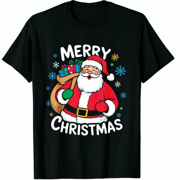 Christmas Santa Claus Merry Snowflakes Gifts Print Holiday Party Wear Black Graphic T-Shirt for Men and Women
