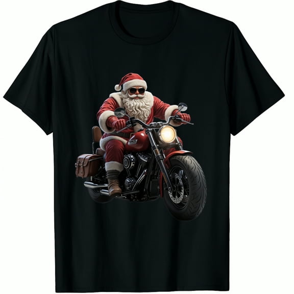 Christmas Santa Claus Motorcycle Riding Outfit Suit with Fur Trim and Sunglasses Holiday Gift Black Graphic T-Shirt for Men Women