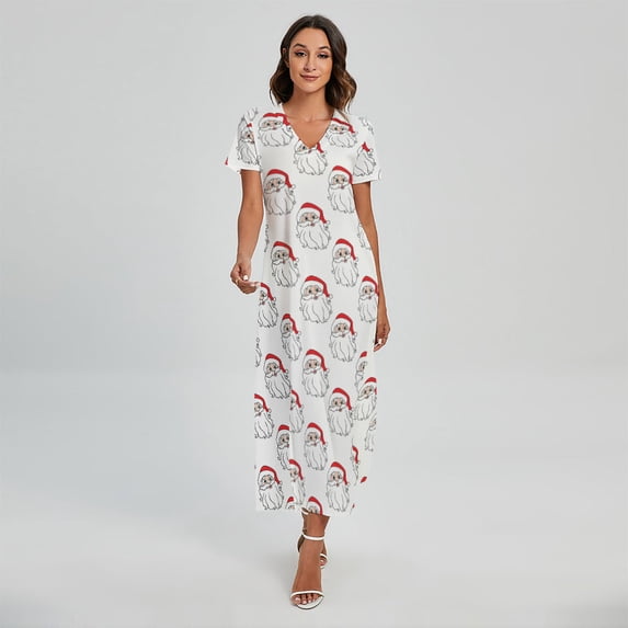 Christmas Santa Claus Pattern Printed Short Sleeve Maxi Dress, Jesus Christian Fashion Summer Maxi Dress For Women