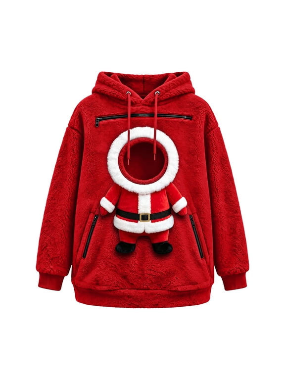 Christmas Santa Claus Pet Pouch Hoodie for Women Men, Cat Dog Holder Pullover with Belted Santa Suit Print, Cozy Winter Sweatshirt for Pet Parents