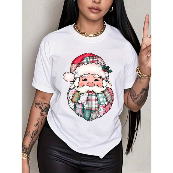 Christmas Santa Claus Plaid Print Graphic Tee For Women Holiday Season Festive Wear, 220g