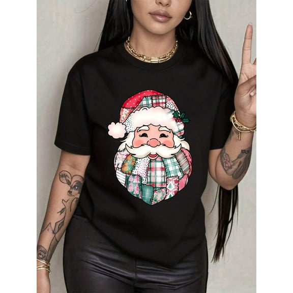 Christmas Santa Claus Plaid Print Graphic Tee For Women Holiday Season Festive Wear, 220g