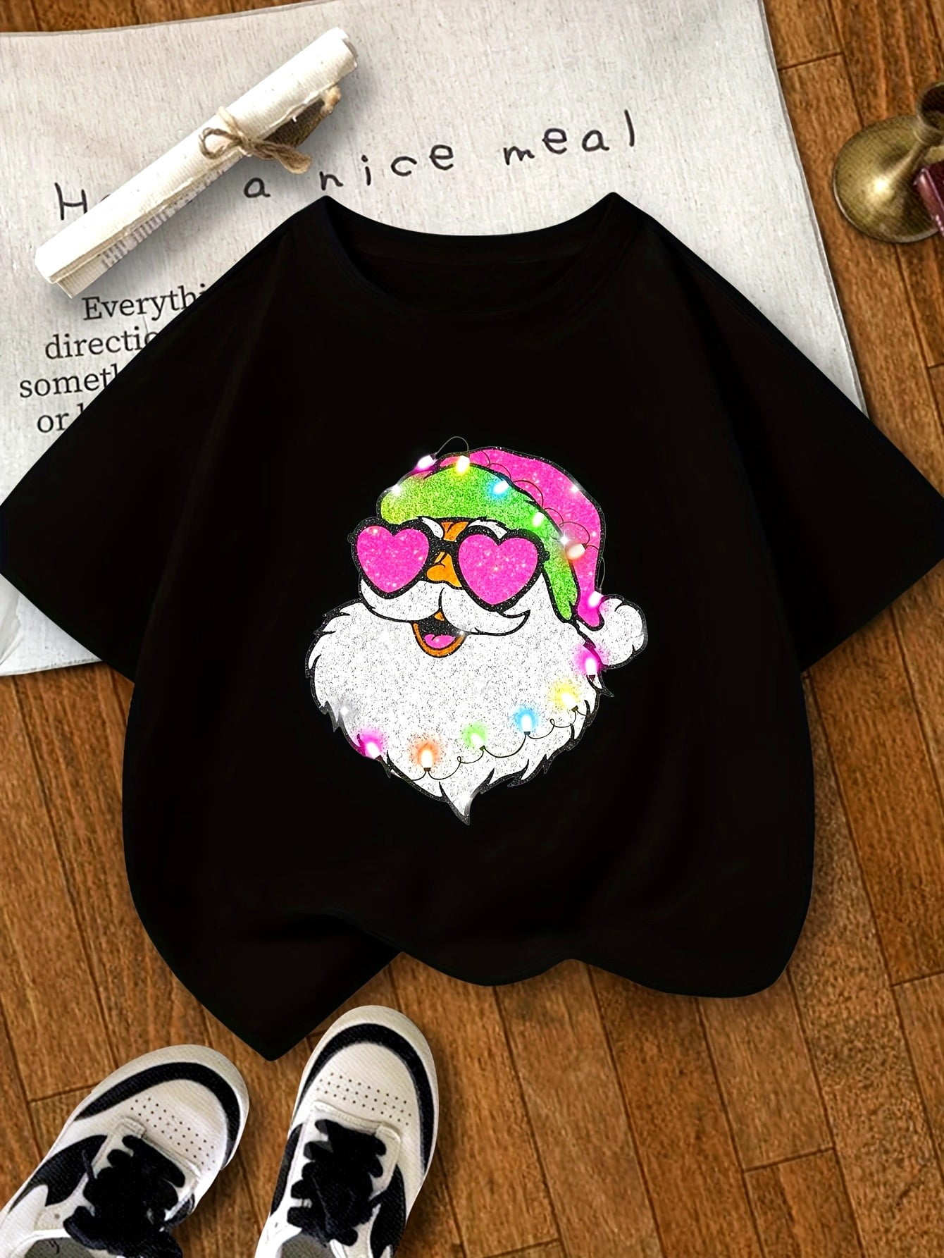 Christmas Santa Claus Print T-Shirt for Girls, Casual Round Neck Short Sleeve Knit Top, Summer ...